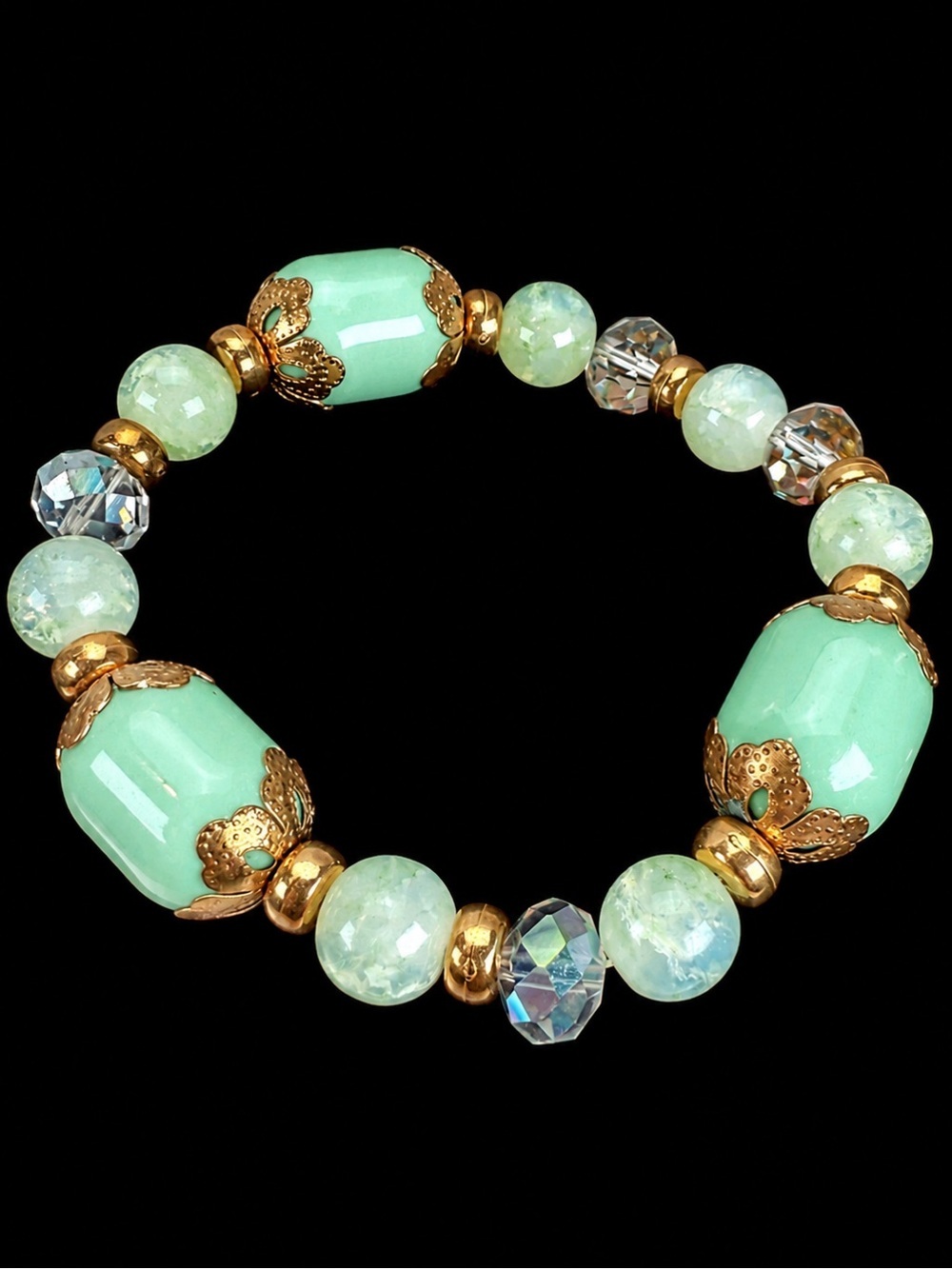 Vintage Mint Green Gold Tone Beaded Stretch Bracelet Faceted Accents